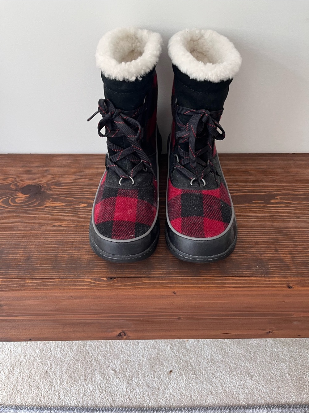 J. Crew Red and Black Plaid Faux-Fur Lined Winter Boots